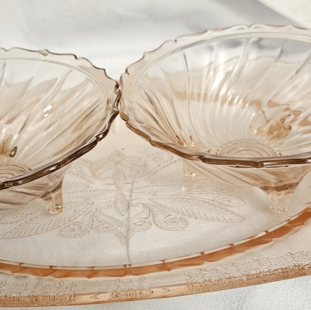 Vintage Pink Depression Glass Cherry Blossom Platter Swirl Bowls 1930s